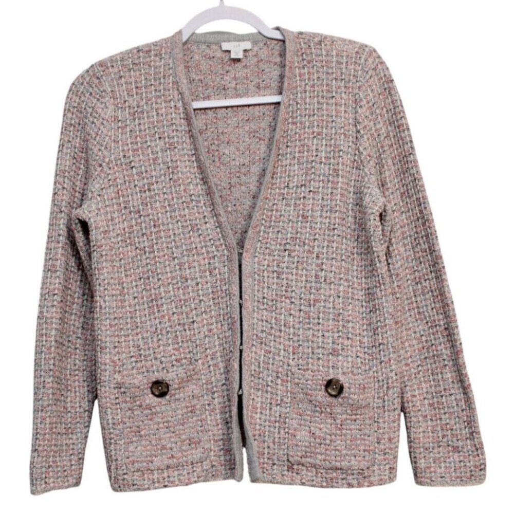 J Jill Cardigan Sweater XS Petite Plaid Textured Knit Cotton Colorful Preppy